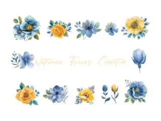 Fotobehang set water color flowers, color yellow very detailed, which is suitable for white background wedding templates © asdir