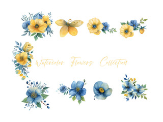 set water color flowers, color yellow very detailed, which is suitable for white background wedding templates