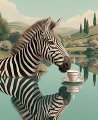 Surreal zebra balancing teacups, quirky and creative image for unique home decor and art discussions