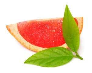 Grapefruit slice with leaves isolated on white background