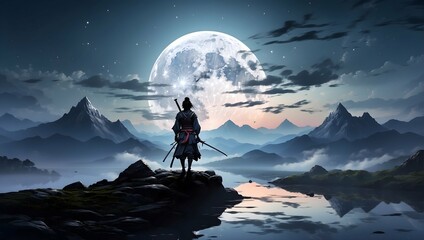 sillhouette of samurai girl look at full moon - obrazy, fototapety, plakaty