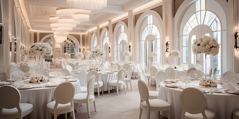  Opulent Wedding Banquet Hall. Luxurious wedding reception venue with elegant table settings. - obrazy, fototapety, plakaty