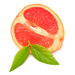 Grapefruit half with leaves isolated on white background