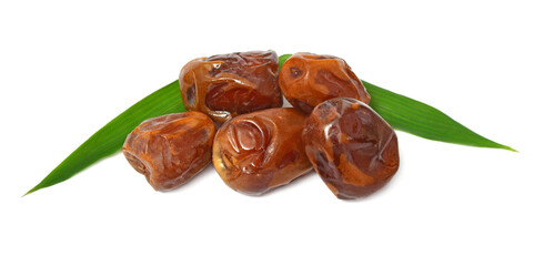 Dried dates with leaves isolated on white background