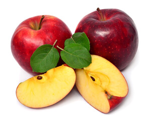 Collection apples whole and slice with leaves isolated on white background