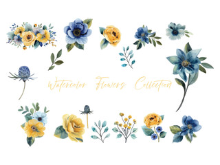 set water color flowers, color yellow very detailed, which is suitable for white background wedding templates