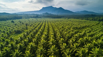 Fototapeta premium Arial view of palm plantation with mountain in a background