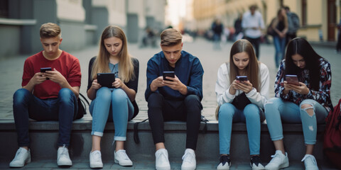 Group of teenage friends using smart mobile phones. Teenagers addiction to new technology trends - obrazy, fototapety, plakaty