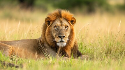 Obraz premium Big male African lion (Panthera leo) lying in the grass