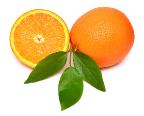 Orange fruit whole and half with leaves isolated on white background