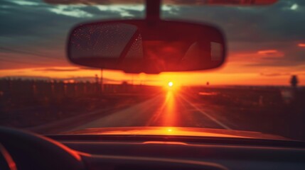 The camera focuses on the cars rearview mirror capturing the fading sunset in the distance as the...