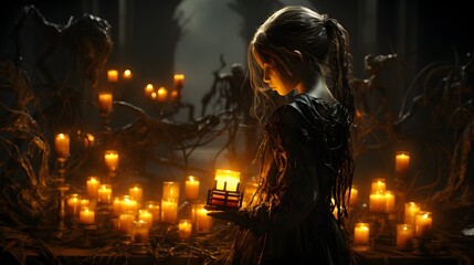 Many lit candles in a spooky dark town with a person