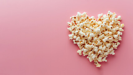 Popcorn snack in heart shape on pink background with copy space. Popcorn lover concept. Generative ai.