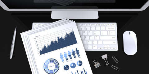 ビジネス風景のデスクトップビュー、パソコンとビジネスアイティム