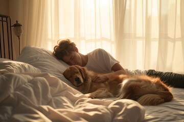 A young male person and their golden retriever enjoying a peaceful sleep together in a sunlit bedroom