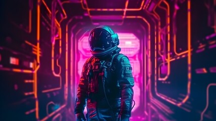 Fototapeta na wymiar Sci-fi Retrowave space illustration of science fiction scene with mysterious astronaut figure in space suit surrounded by glowing neon tube lights