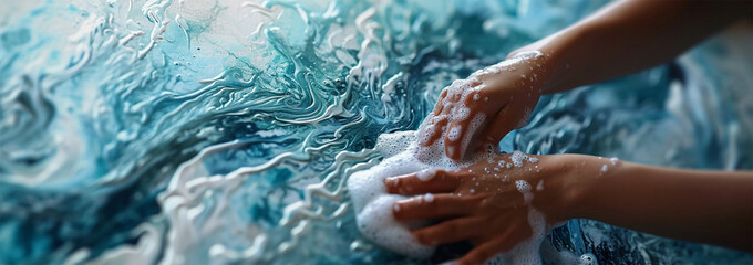 image of a man's hands washing a window frame. Close-up of hands being washed, emphasizing hygiene and cleanliness.