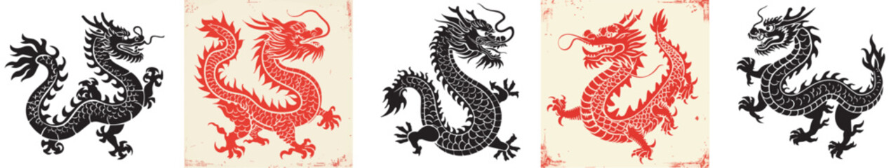 Chinese dragon Chinese New Year theme Black and White Silhouette Vector Laser Cut T- Shirt Design Print Bundling Generative Ai
