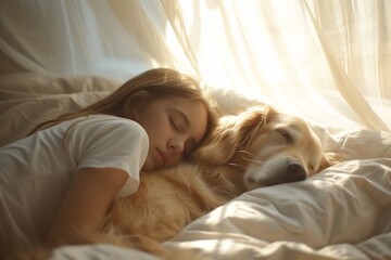 A young female person and their golden retriever enjoying a peaceful sleep together in a sunlit bedroom