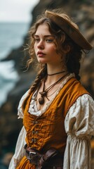 Adventurous spirit: a female pirate of the Caribbean dons corsair clothing, sailing the high seas with swashbuckling style and a rebellious flair for maritime plunder and daring escapades.