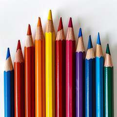 Fototapeta premium A vibrant selection of sharp colored pencils arranged in a row against a white background. 