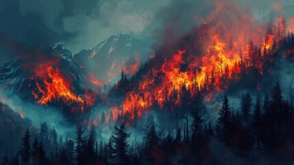 Forest fire in the mountains - obrazy, fototapety, plakaty