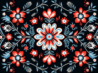 flower embroidery on black background. Tribal fabric pattern and cross stitch geometric seamless pattern ethnic oriental traditional. Aztec style illustration design for carpet, wallpaper