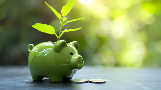 A green ceramic piggy bank with a lush plant sprouting from the coin compartment. Piggy bank representing prosperous investment with green leaves nourishing financial health.