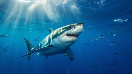 Obraz premium Great White Shark Underwater Photo in Open Water