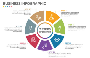 Visual data presentation. Cycle diagram with 7 options. Pie Chart Circle infographic template with 7 steps, options, parts, segments. Business concept. Marketing infographic vector illustration.