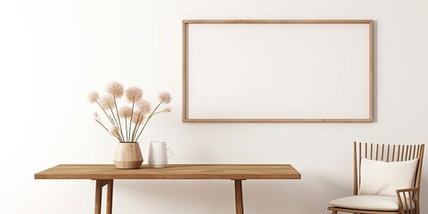 Stylish home decor featuring a minimalist dining space with a round wooden table, design chair, mock-up poster frame, vase of dried flowers, and personal accessories. Template used.
