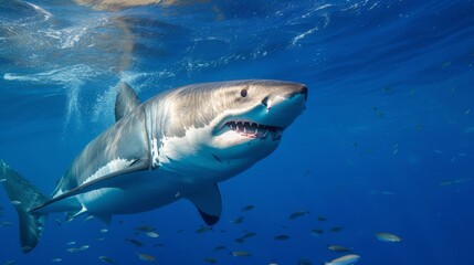 Naklejka premium Great White Shark Underwater Photo in Open Water