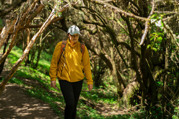 Woman walking with a red backpack and blue cap on a path in the middle of a forest during a sunny day