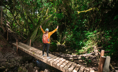 Woman dressed in a yellow jacket and black pants, carrying a red backpack, standing on a wooden bridge, with her arms open, in the middle of a forest during a sunny day