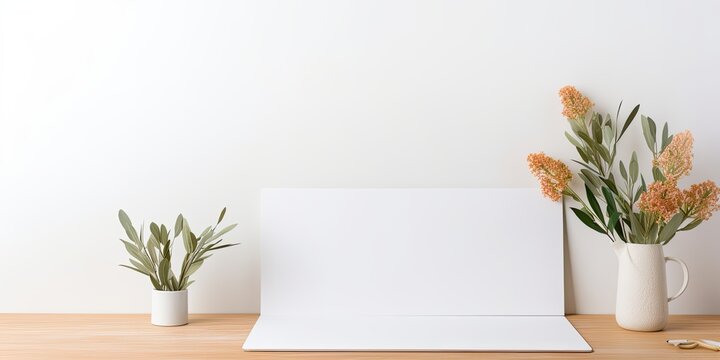 Minimalistic workspace with white desk, sticker notes, flowers, and eucalyptus branches. Feminine front view with copy space.