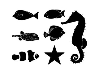 set of silhouettes of fish, vector black fish for logos 