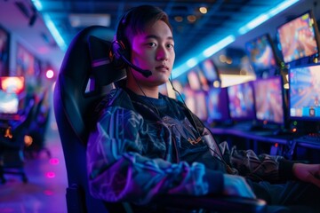 Fototapeta premium Inspiring scene of a paralyzed gamer achieving excellence in competitive esports, breaking barriers and proving that determination and skill know no physical limitations.