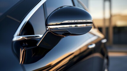 A closeup of the side mirror reveals a chrome accent trim around the base adding a touch of elegance to the cars exterior. - obrazy, fototapety, plakaty