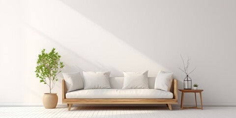 Minimalistic Scandinavian interior with white empty wall for showcasing wall art. Nordic interior photo for wall decal design.