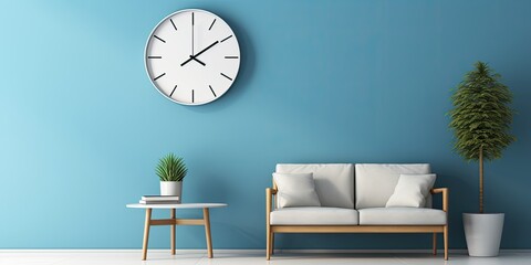 Minimalist waiting area with contemporary seating and wall-mounted clock.