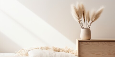 Minimalistic home interior design concept with bunny tail grass in a tan vase, wooden storage box, neutral beige blanket, and white wall for blog, web, and social media aesthetics.