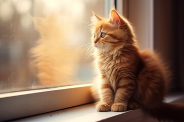 Red domestic kitten sitting on windowsill. Cute home animal pet looking out of the window. AI Generated