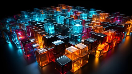 Composition of multicoloured neon grid over black background