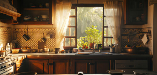 Wide Shot of an Empty Cosy Kitchen Decorated with Indian Style. Stylish Traditional South Asian Home with Utensils and Wide Window Letting the Spring Warmth and Light in. Vintage Warm Aesthetic