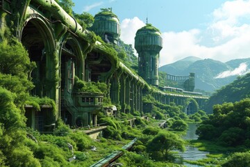 A city in the future covered in greenery, forest and trees filled the Megopolis , Abandoned , Empty streets, overgrown, alternative,