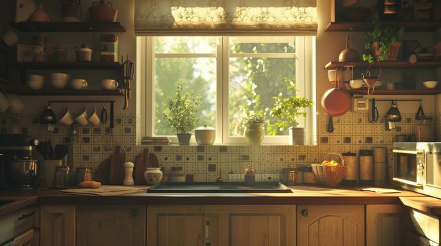 Wide Shot of an Empty Cosy Kitchen Decorated with Indian Style. Stylish Traditional South Asian Home with Utensils and Wide Window Letting the Spring Warmth and Light in. Vintage Warm Aesthetic