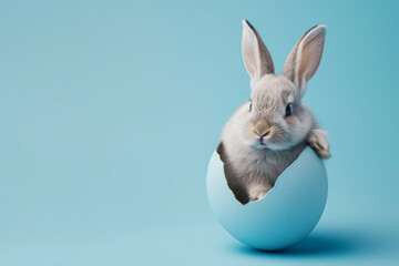 Obraz premium Cute Easter bunny in cracked egg on light blue background