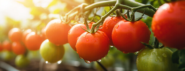 Banner of ripe tomatoes plant growing, close up image with sunbeam light as background with copy space for advertisement - Powered by Adobe