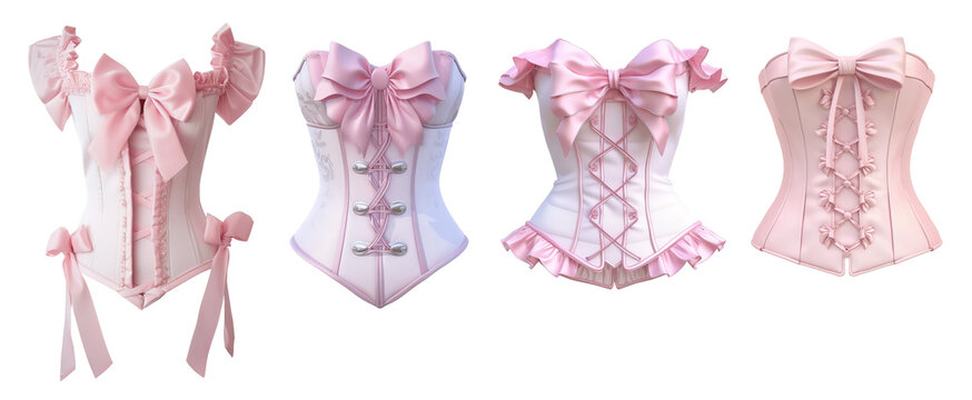 Coquette style of corset pastel pinks collection over isolated transparent background