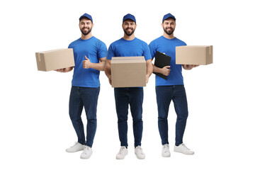 Delivery service. Happy courier with cardboard boxes on white background, collage of photos